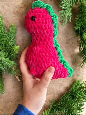 Handmade Crochet Dino Plush—Pink/Green